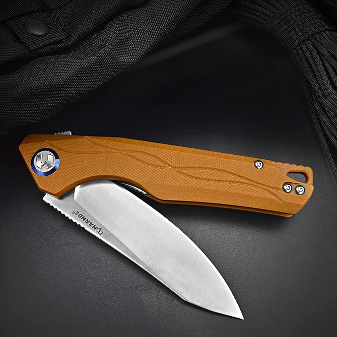 Harnds Harvest Pocket knife with Sandvik 14C28N Steel Folding Knife with G10 Handle for Camping Hunting Surviral (Brown)