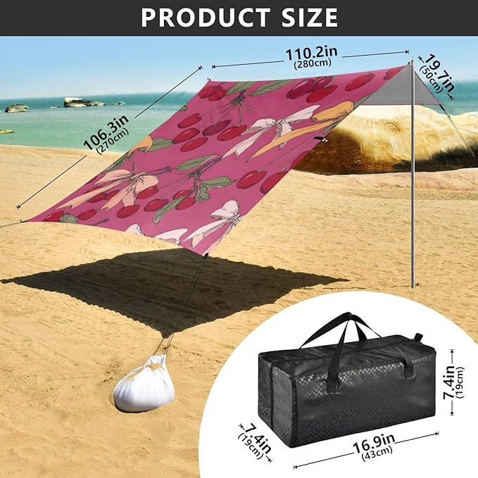 ALAZA Cherry Pink White Yellow Bow Pattern Beach Tent Sun Shelter Portable Canopy Sunshade for Outdoor Camping Picnics Backyard Fun 10x9 ft