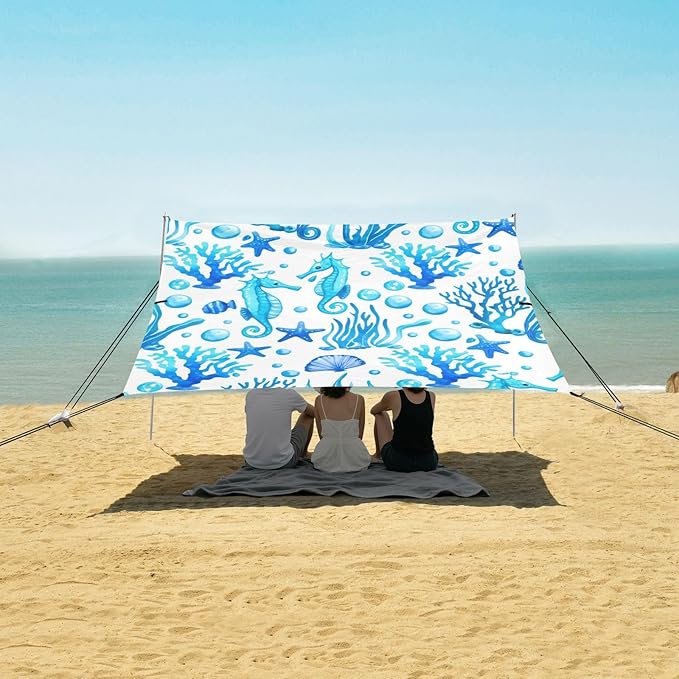 Beach Canopy with Windproof Ropes &amp Sandbags Beach Tent Sun Shade Sun Shelter for Camping Trips Fishing Backyard Fun or Picnics Seahorses