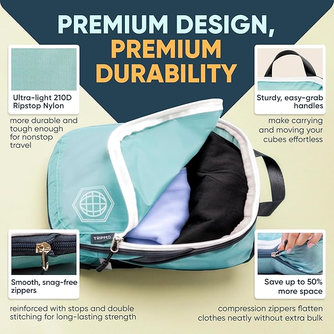 Large Compression Packing Cubes for Travel-Packing Cube Luggage Organizers 7 Piece Set for Checked Luggage-Ultralight Expandable/Compression Bags by TRIPPED Travel Gear (DustyTeal/White)