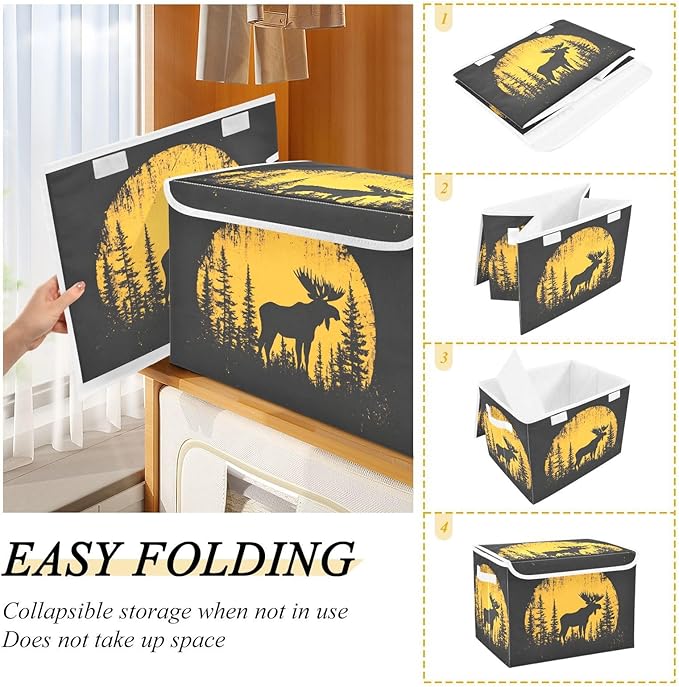 Storage Cube with Lid Moose Silhouettes Print 16.5×12.6×11.8 IN Collapsible Large Capacity Foldable Storage Basket Bin Organizer