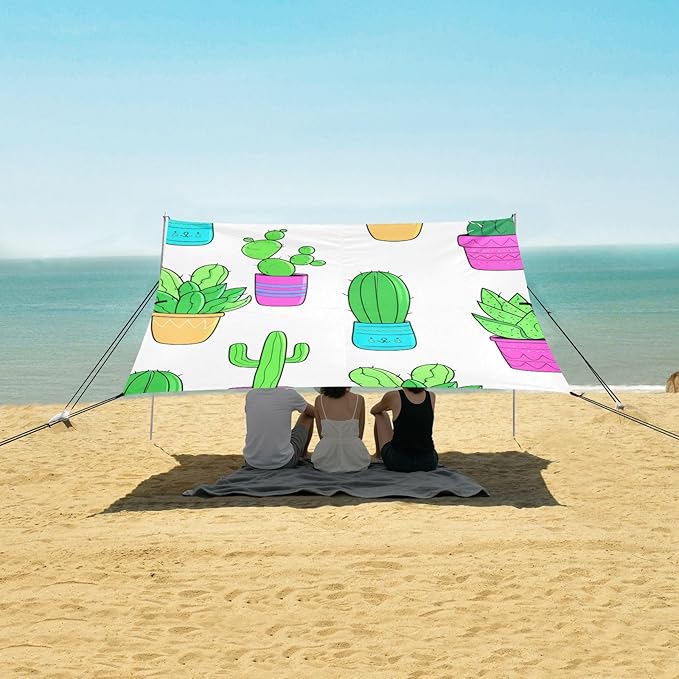 Beach Canopy with Windproof Ropes &amp Sandbags Beach Tent Sun Shade Sun Shelter for Camping Trips Fishing Backyard Fun or Picnics Cactus