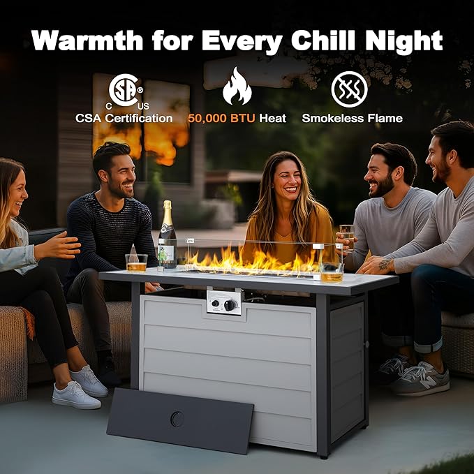 Nuu Garden 43'' Patio Propane Fire Pit Table 50000 BTU Gas Fire Pit with Marble-Textured Glass Top Wind Guard Lid Glass Beads CSA-Certified 2-in-1 Outdoor Table for Gatherings Ivory White