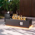 2-Piece 42 LED Rectangular Propane Fire Pit for Outside Patio with Hidden Tank Table 50000 BTU Fireplaces with Glass Wind Guard Lid Glass Rocks Cover(Black w/Warm Light)