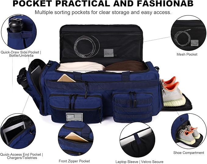 LHI 50L Tactical Duffle Bag for Men 3-in-1 Gym Duffle and Backpack Shoe Compartment Laptop Sleeve and MOLLE Carry-On Travel Weekender and Overnight Bag – Blue