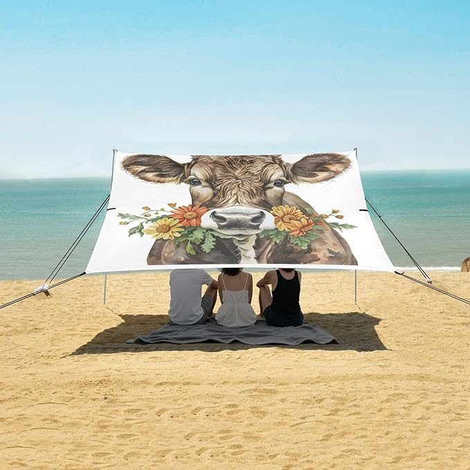 ALAZA Watercolor Cows Beach Tent Sun Shelter UPF50+ Protection Beach Shade Canopy w/ 4 Sandbags for Outdoor Camping Fishing Backyard Fun Picnic 10x9 ft