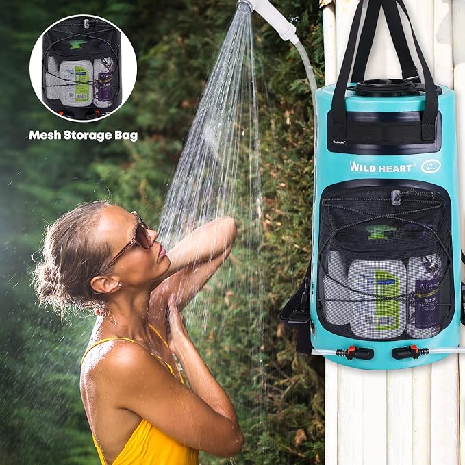 WILD HEART Camping Shower 5.8 Gallons/22L Portable Camp Shower Bag with Upgraded Screw Lid Water Level Window Pressure Foot Pump and Handy Nozzle Solar Shower for Beach Camping Hiking Trip
