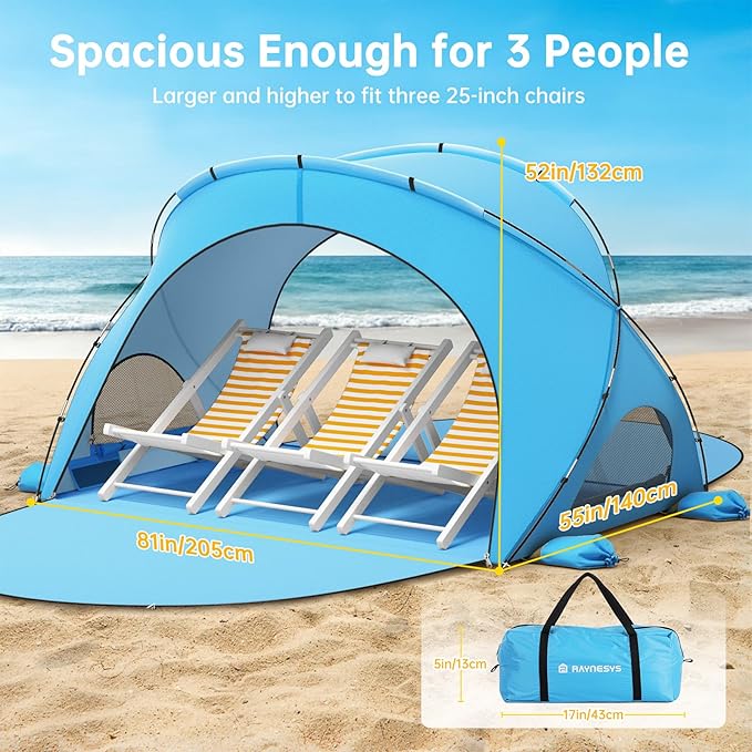 Raynesys Beach Tent Sun Shelter Beach Shade Tent with UPF50+ UV Protection Portable Sun Shelter for 1-3 Person Shade Tents with 2 Zippered Doors for Sand Camping Fishing Blue