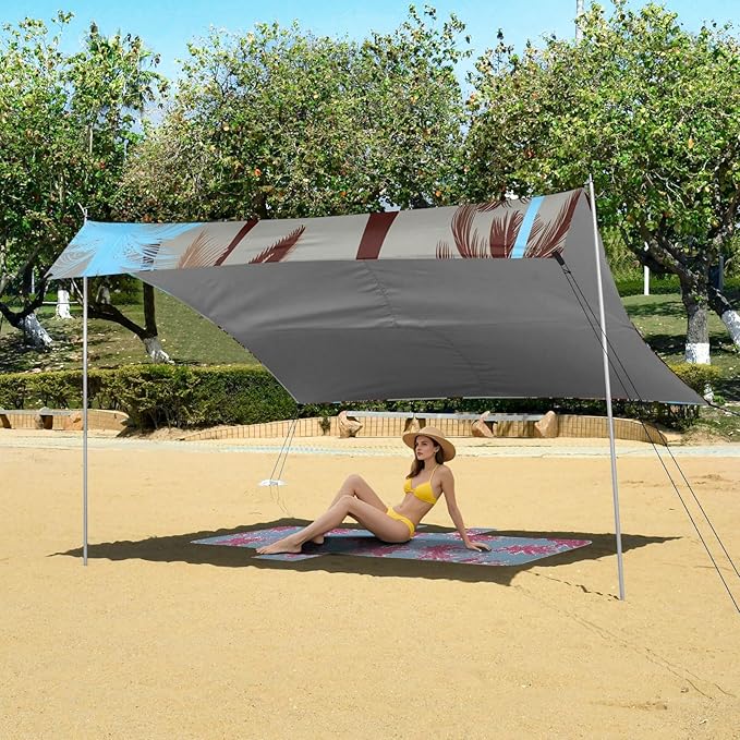 Beach Canopy with Windproof Ropes &amp Sandbags Beach Tent Sun Shade Sun Shelter for Camping Trips Fishing Backyard Fun or Picnics Palm Tree