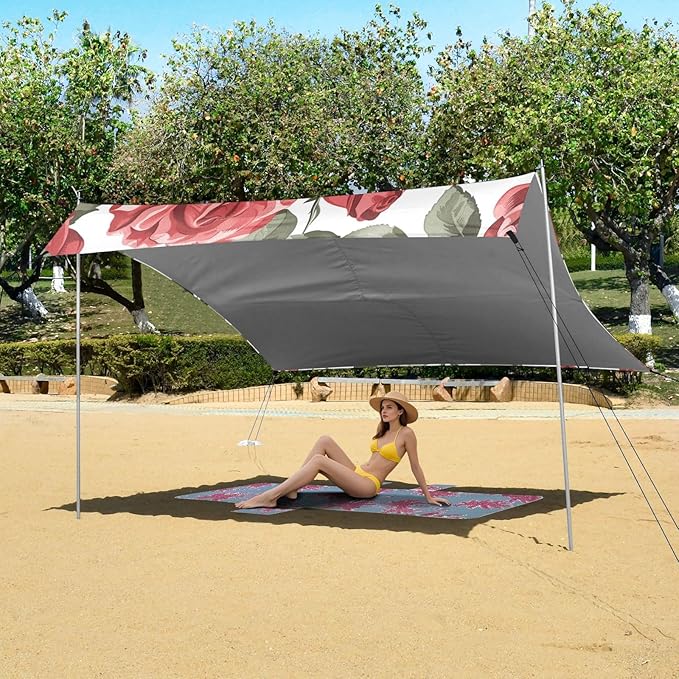 ALAZA Red Roses Sseamless on White Beach Tent Sun Shelter Portable Canopy Sunshade for Outdoor Camping Picnics Backyard Fun 10x9 ft