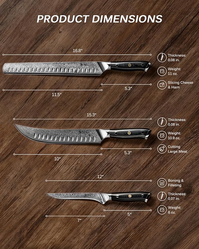 KYOKU Knife Set Shogun Gin Series 3pc Japanese Style Kitchen Knife Set for Cooking 7 Boning 12 Slicing 10 Scimitar Knife with Silver Ion Blade Sheath Gift Box Damascus Stainless Steel Knives
