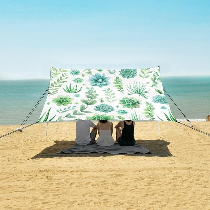 xigua Grass Beach Tent Sun Shelter with Carrying Bag - Silver Coated Oxford Fabric Beach Canopy for Beach Camping Fishing - Includes Windproof Ropes Sandbags &amp Stakes