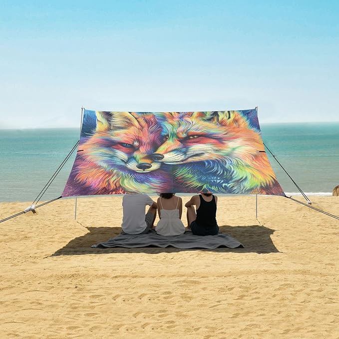ALAZA Rainbow Foxes Beach Tent Sun Shelter UPF50+ Protection Beach Shade Canopy w/ 4 Sandbags for Outdoor Camping Fishing Backyard Fun Picnic 10x9 ft