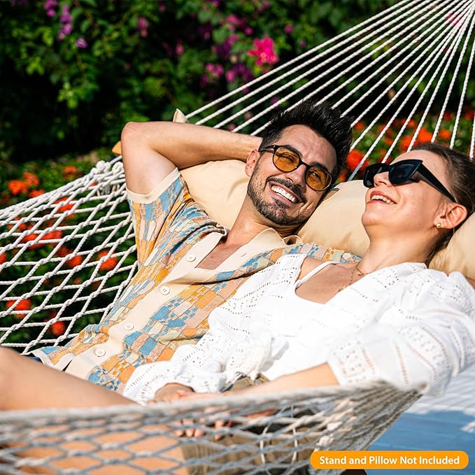 Lazy Daze Hammocks Double Rope Hammock 2 Person Traditional Outdoor Hand Woven Cotton Rope Hammock with Spreader Bar Carabiners Tree Straps Chains for Patio Yard - Max 450 Lbs Natural