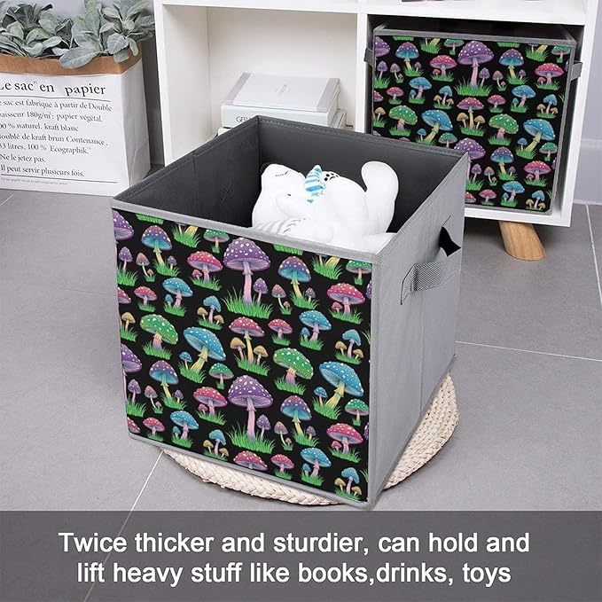 Fabric Storage Bins with Handles Neon Mushroom Foldable Collapsible Cube Organizer for Shelves Multi-Purpose Box for Bedroom Living Room Closet
