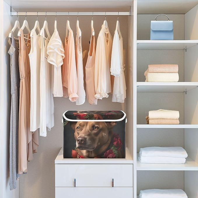 Red Floral Dog Storage Cube with Lid Collapsible Flip-top locker Fabric Storage Bins Basket with Handle for Home Bedroom Closet Office 16.5×12.6×11.8 in