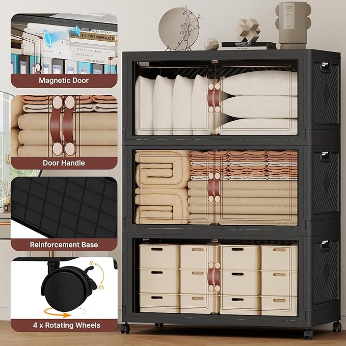 468QT Extra Large Stackable Storage Bins with Lids &amp Wheels &amp Door 117Gal Foldable Collapsible Closet Organizers Plastic containers drawers for bedroom Dorm