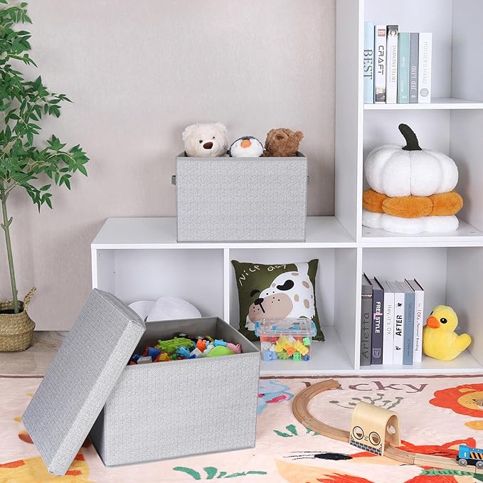 WUIKE 3 Pack Extra Large Foldable Storage Bins with Lids Fabric Storage Bins for Home and Closet Organization Herringbone Gray