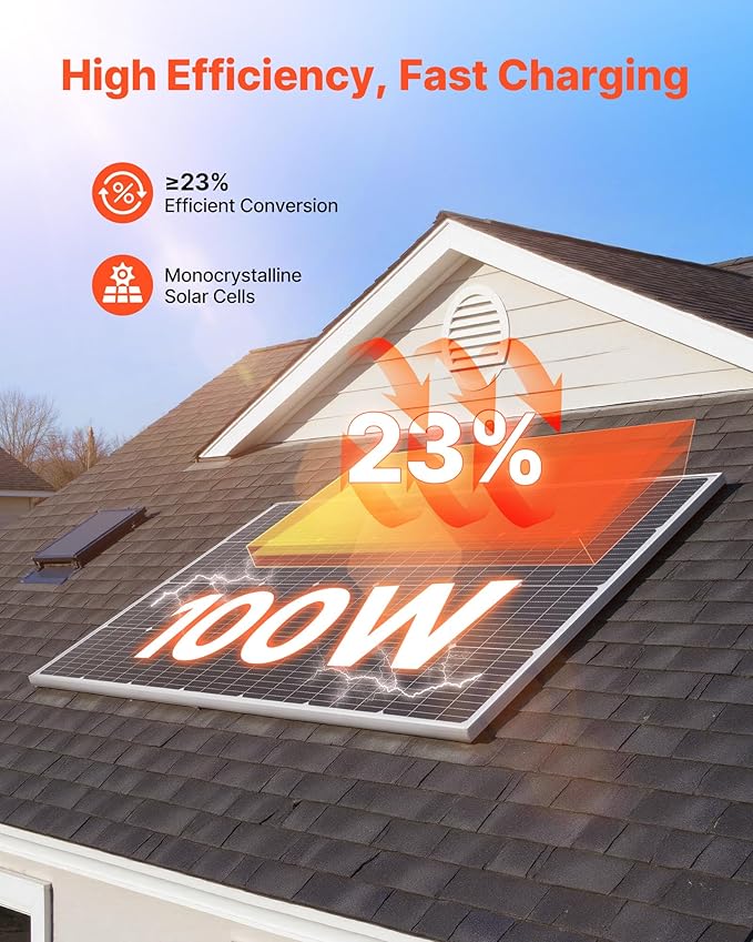 VEVOR 4PCS 100W Monocrystalline Solar Panels 23% High-Efficiency Mono PV Module with Stable MC4 Output &amp Aluminum Frame IP65 Waterproof Solar Panel for Car Boat RV Flat Rooftop Off-Grid Applicat