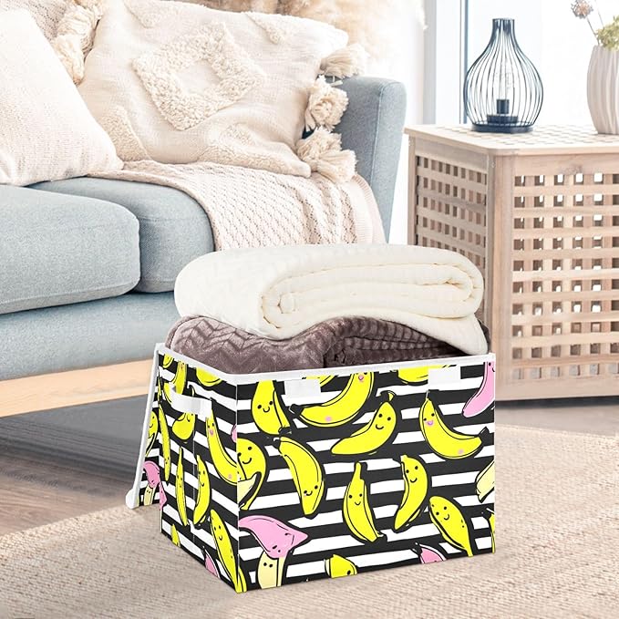 Stripes Pink Yellow Bananas Storage Box with Lid 1 PC Foldable Storage Bin with Lids Stackable Storage Bins Cube Closet Organizer Basket with Flip-Top Lid &amp Handles for Shoes Books Towels
