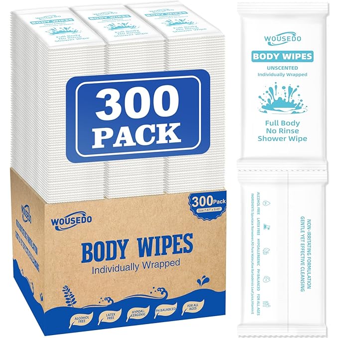 300 Pcs Ultra Thick Soft Large Body Wipes Individually Wrapped(7.87 x 9.45)Shower Wipes for Adults Bathing No RinsePersonal Cleansing Wipes for Travel GymBulk Deodorant for Homeless(White)