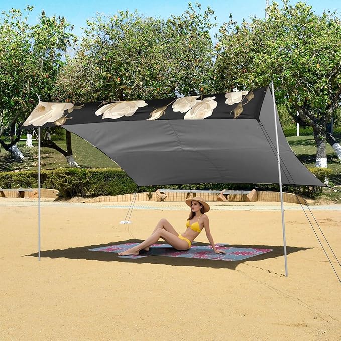 White Rose Beach Tent UPF50+ Protection Lightweight Large Portable Sun Shelter with Sturdy Poles Sandbags and Shovel for Camping Picnics Backyard