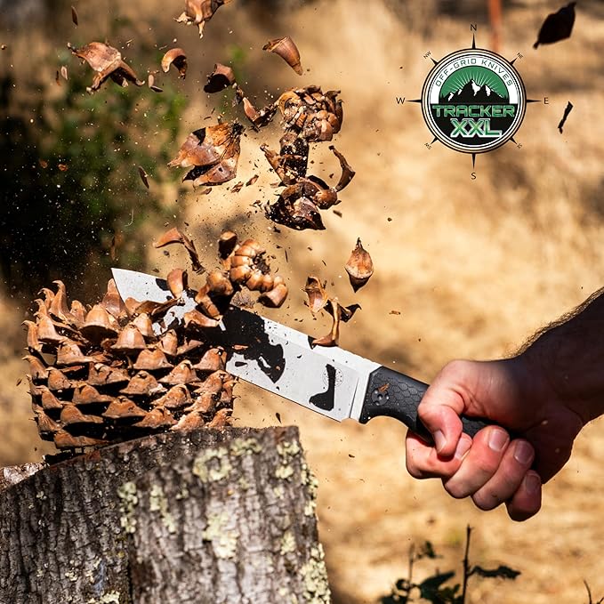 Off-Grid Knives - TRACKER-XXL Fixed Blade Knife Cryo D2 Blade Steel G10 Scales Kydex Sheath OG Lo-Pro Belt Attachment Chopping Camping Bushcraft Hunting Survival (Stonewash)