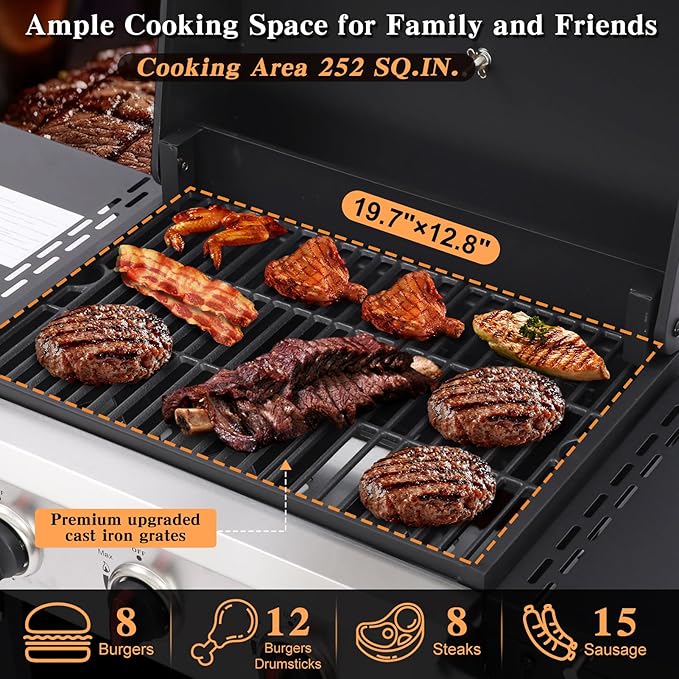 CIG GARDEN 3-Burner Propane Grill 31500 BTU Outdoor BBQ with Cast Iron Grates &amp Side Burner for Backyard Patio Tailgating &amp Camping