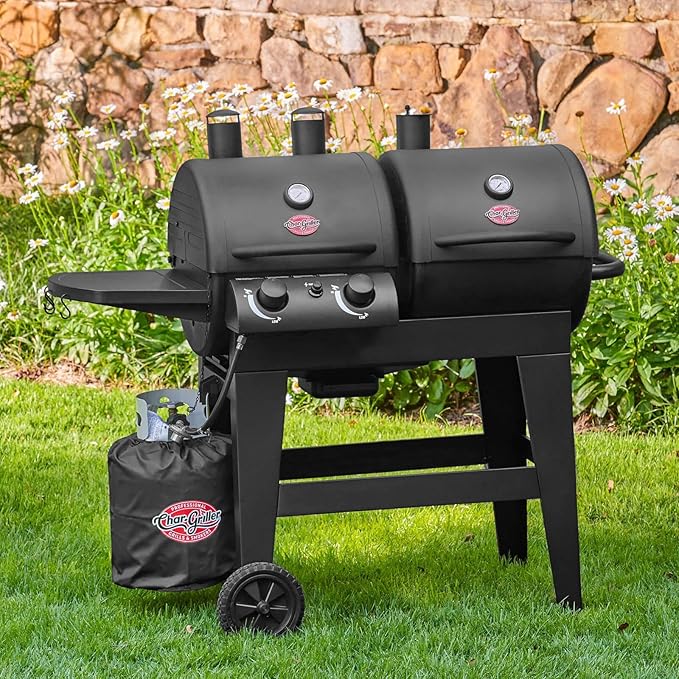 Char-Griller® Dual-Function 2-Burner 24000 BTU Propane Gas and Charcoal Combination Grill and Smoker with 870 Cooking Square Inches in Black Model E5030