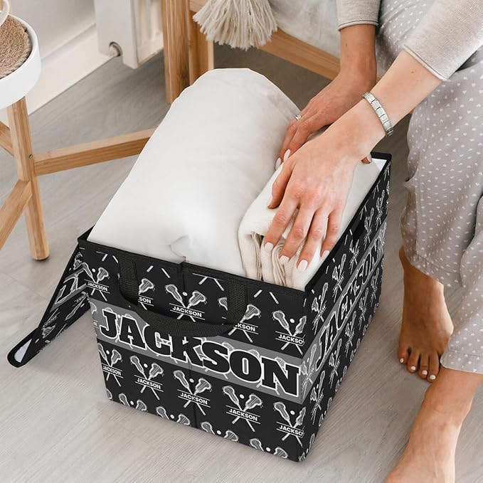 Lacrosse Player Games Custom Storage Bins with Lid Foldable Fabric Personalized Storage Basket Box with Handle Storage Organizer Container for Home Bedroom Closet