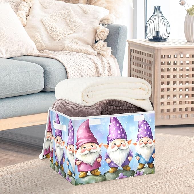 Cartoon Gnomes Storage Cube Bins Basket with Lid Collapsible Flip-top Fabric with Handle for Home Bedroom Closet Office 16.5×12.6×11.8 in