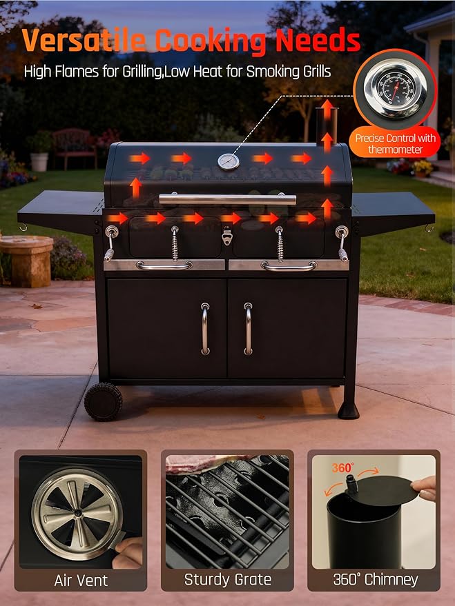 NATURAL EXPRESSIONS Charcoal Grills BBQ grill36 in Large Smoker Grill with Dual-Zone Lifting TraysHeavy Duty Charcoal Grill with Foldable Side TablesLarge Outdoor Grill for BackyardBBQParty