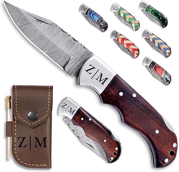 Custom Pocket Knife gifts for Men Personalized Damascus Folding Knife Engraved Gifts for Him Dad Boyfriend Husband Anniversary Groomsmen Gifts. Custom Knife for Camping Hunting Everyday Carry (