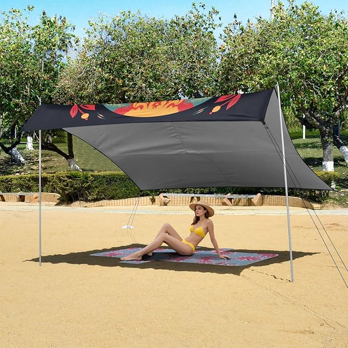 ALAZA Sugar Skull Flower on Black Beach Tent Sun Shelter Portable Canopy Sunshade for Outdoor Camping Picnics Backyard Fun 10x9 ft