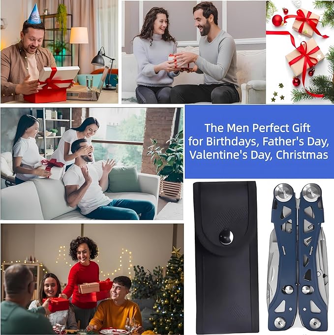 19-in-1 Mutitool Stainless Steel Multi-functional Pliers with Screwdrivers Foldable Multitools with Scissors and Sheath Ideal for CampingSurvivalRepair Great Gifts for Men(Blue)