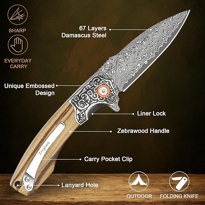Damascus Pocket Knife For Men Folding Knife With Clip &amp 3.34 Damascus Steel Blade EDC Pocket Knife with Zebra Wood Handle for Camping Hunting Outdoor