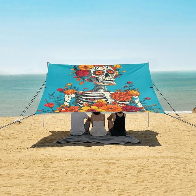ALAZA Skull Flowers Beach Tent Sun Shelter Portable Canopy Sunshade for Outdoor Camping Picnics Backyard Fun 10x9 ft