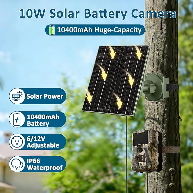 Zivif Solar Panel for Trail Camera 10W Solar Charger Built-in 10400mAh Rechargeable Battery 6V/12V Adjustable Output USB-C &amp DC Plugs IP66 Waterproof 360° Adjustable Mount