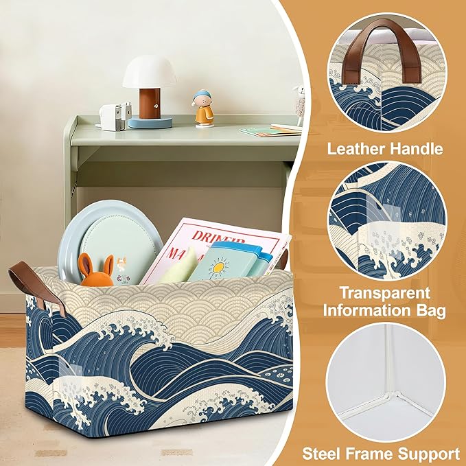 Ocean Waves Storage Bin with Handles Basket Storage Organizer for Shelves Closet Nursery Book Laundry Hamper &amp Home Decor