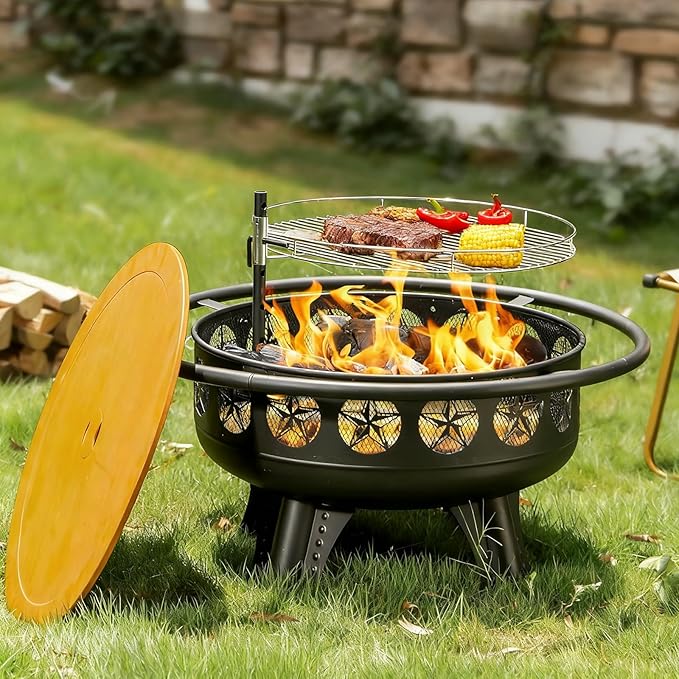 32 Inch Fire Pit with Swivel Cooking Grate3-in-1 Wood Burning Firepit with GrillOutdoor Fire Pits Table with Metal Lid and Poker for Outside Patio Backyard BBQ Bonfire Camping (32 Inch)