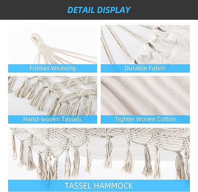 Indoor Hammock with Macrame Fringe for 2 PersonsDouble Boho Hammocks with TasselsPortable Cotton Rope Hamaca Swing with Travel Bag for OutsidePorchGardenPatioBackyardUp to 500lbs White