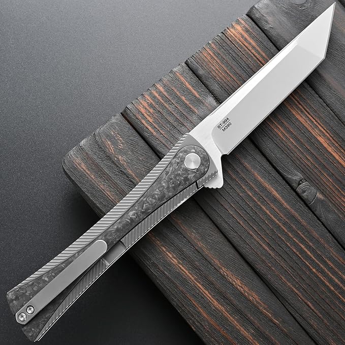 Sitivien ST994 Folding KnifeHandmade M390 Brushed Steel Blade Titanium Carbon Fiber Handle EDC Tool Knife for Outdoor Camping Hiking Survival Working(Gray)