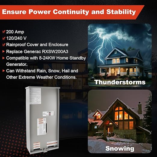 200 Amp Single Phase Generator Automatic Transfer Switch Compatible with Generac RXSW200A3Power Management for Outdoor and Indoor Use Service Entrance Rated NEMA 3R Aluminum Enclosure 120/240 V