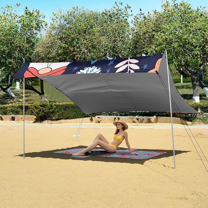 Beach Canopy with Windproof Ropes &amp Sandbags Beach Tent Sun Shade Sun Shelter for Camping Trips Fishing Backyard Fun or Picnics Gnomes