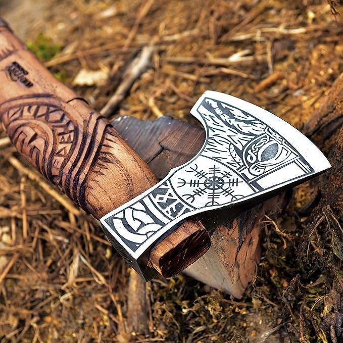 Gentry Choice Engraved Viking Axe Hatche – Hand Forged Blade Ash Wood Handle Leather Wrapped Grip Cowhide Sheath Double Head Design