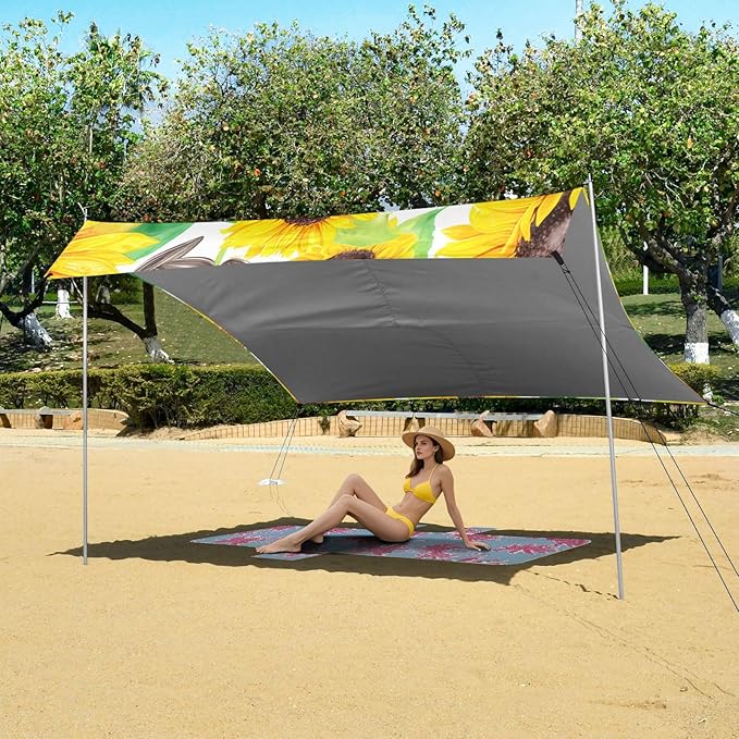 Beach Canopy with Windproof Ropes &amp Sandbags Beach Tent Sun Shade Sun Shelter for Camping Trips Fishing Backyard Fun or Picnics Sunflower