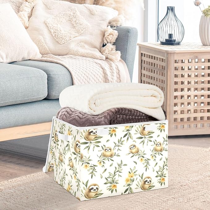 Sloth Floral Storage Cube Bins Basket with Lid Collapsible Flip-top Fabric with Handle for Home Bedroom Closet Office 16.5×12.6×11.8 in