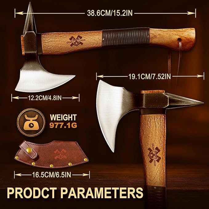 Grumpy Bear 15 Camping Hatchet Survival Axe with Sheath High Carbon Steel and Wood Handle Anti-Slip Grip – Ideal for Bushcraft Wood Splitting &amp Outdoor Adventures