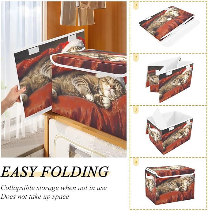 Storage Cube with Lid Sleeping Christmas Cat Print 16.5×12.6×11.8 IN Collapsible Large Capacity Foldable Storage Basket Bin Organizer