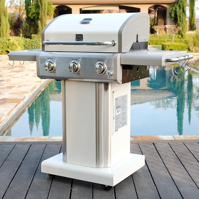 Kenmore 3-Burner Outdoor BBQ Grill | Liquid Propane Barbecue Gas Grill with Folding Sides PG-A4030400LD-PE Pedestal Grill with Wheels 30000 BTU Pearl White